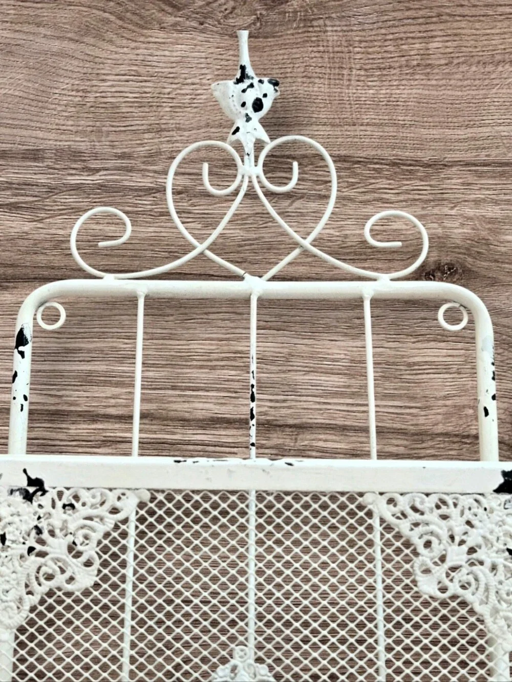 Shabby White Metal Wall Basket w Hangers Cottagecore Kitchen Bathroom Garden